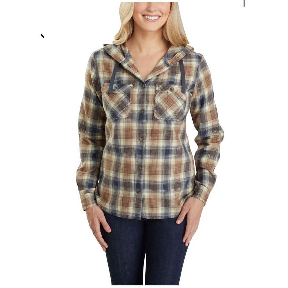 Carhartt Flannel Shirt Women XS Blue Tan 104517 BLS‎ Hooded Plaid Button Down